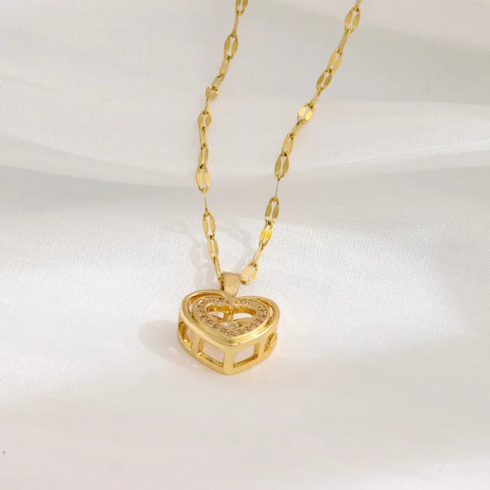 Double-layer Love Necklace With Rhinestones Titanium Steel Pendant Fashion Jewelry Woman Valentines Day Gift - Image 2